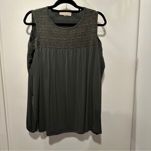Michael Kors Elegant Dark Green and Gold Trim Cold Shoulder Top